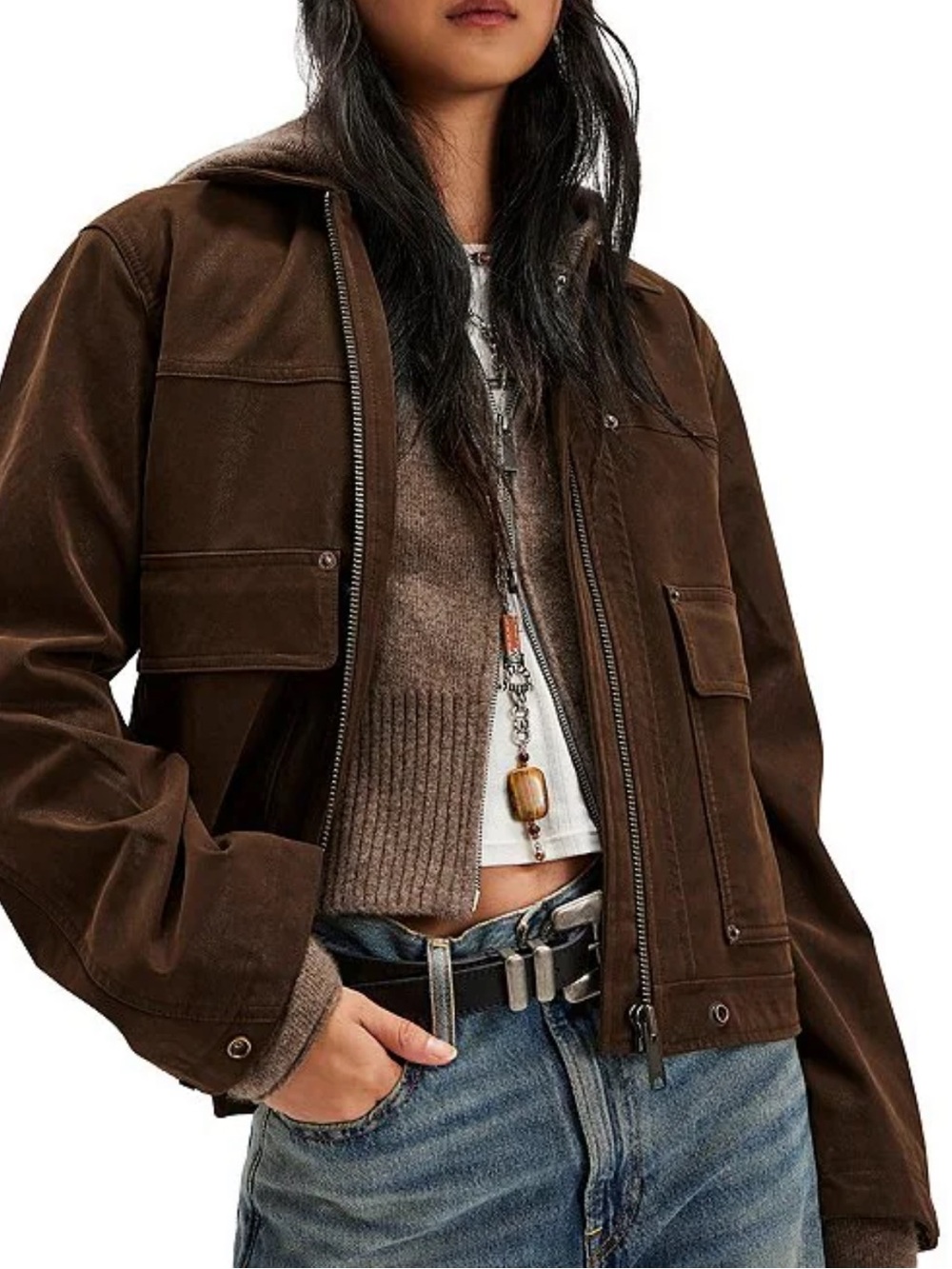NWT🌷Free People Chocolate Brown Suede Sierra Collared Long Sleeve Jacket